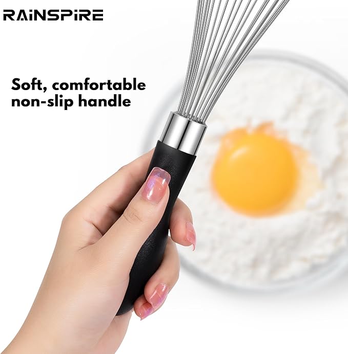 Rainspire 12-Inch Wire Whisk Stainless Steel, Balloon Whisks for Cooking, Wisk Wisking Tool With Soft Silicone Handle, Thick Durable Whisker for Blending, Beating, Whisking, Stirring, Black