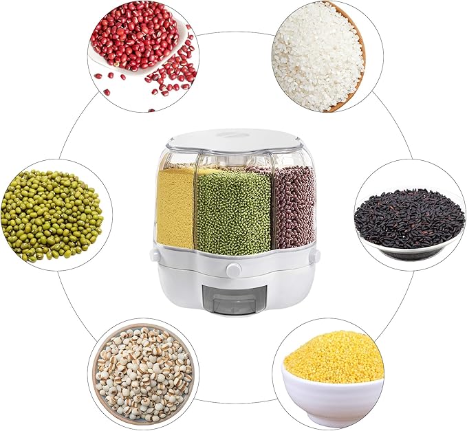 Large Rotating Rice Dispenser 6-Grid Cereal Containers Storage White Rice Bucket Whole Grains Rice Container Storage with Lid Dry Food Dispenser Storage Box for Kitchen (8kg/17.64lbs)