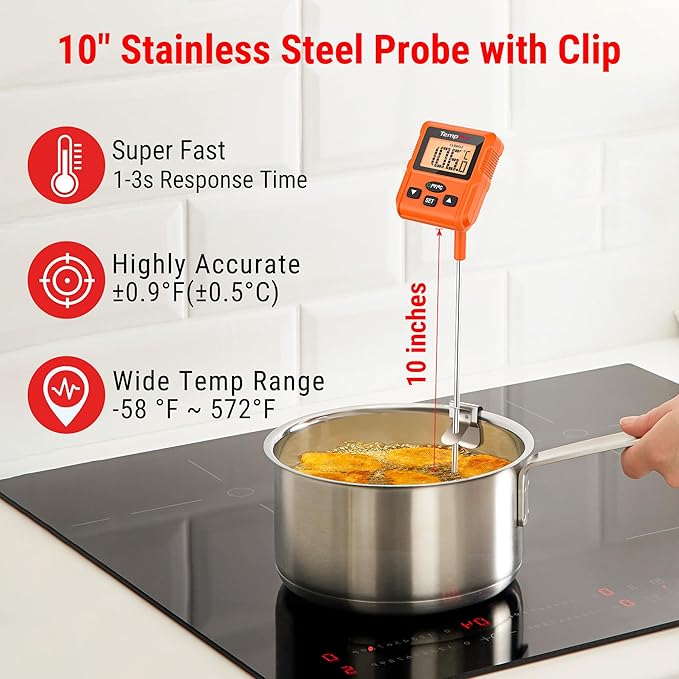 TempPro TP511 Digital Candy Thermometer with Pot Clip, Programmable Instant Read Food Meat Thermometer with 10'' Long Probe for Baking Grilling Candle Oil Deep Fry Thermometer(Previously ThermoPro)