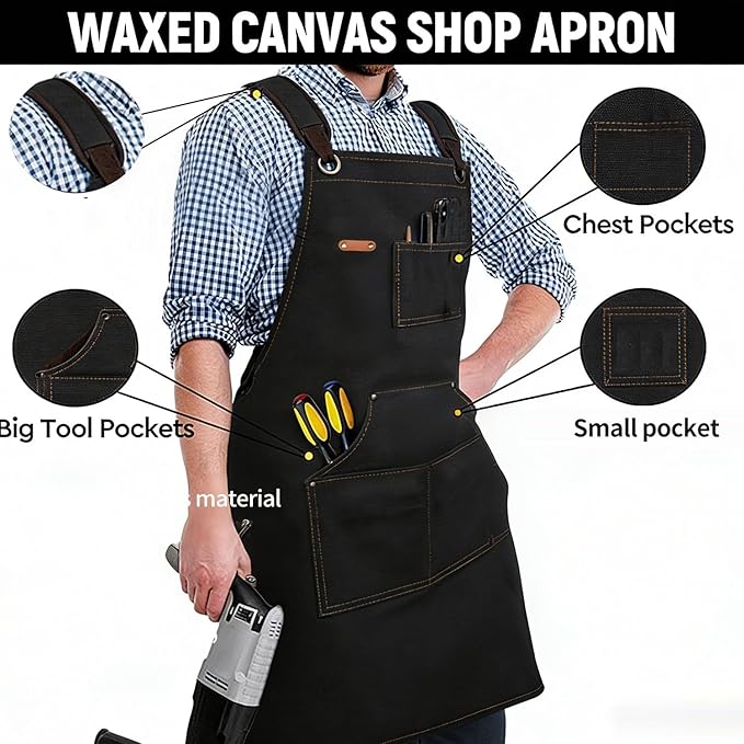 Kitchen apron 16oz canvas with cross-back, waterproof and oil-proof, heavy-duty gardening apron with multiple pockets