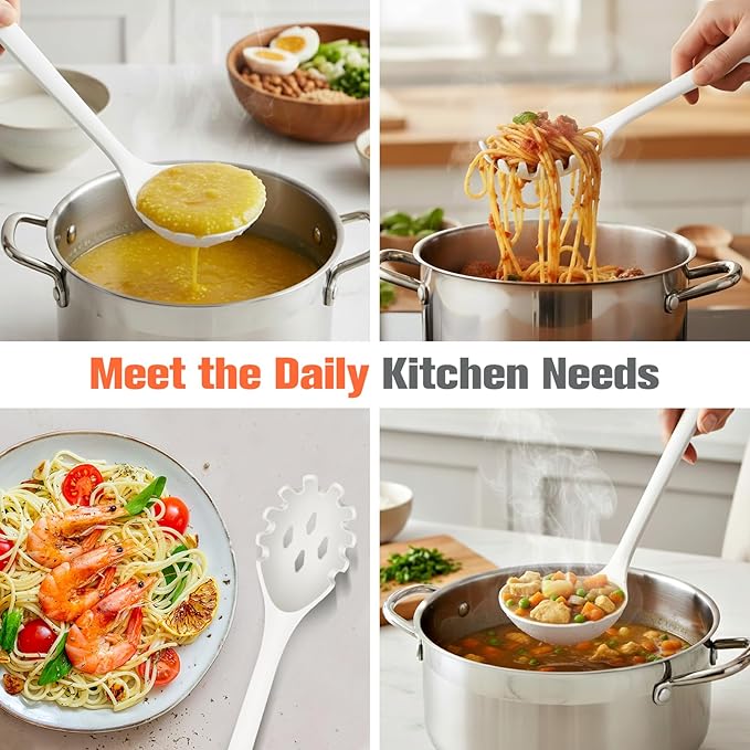 Silicone Spaghetti Spoon&Soup Ladle Cooking Utensils Set of 2,No Scratch for Nonstick Cookware,BPA Free, 450℉ Heat Resistant (White)