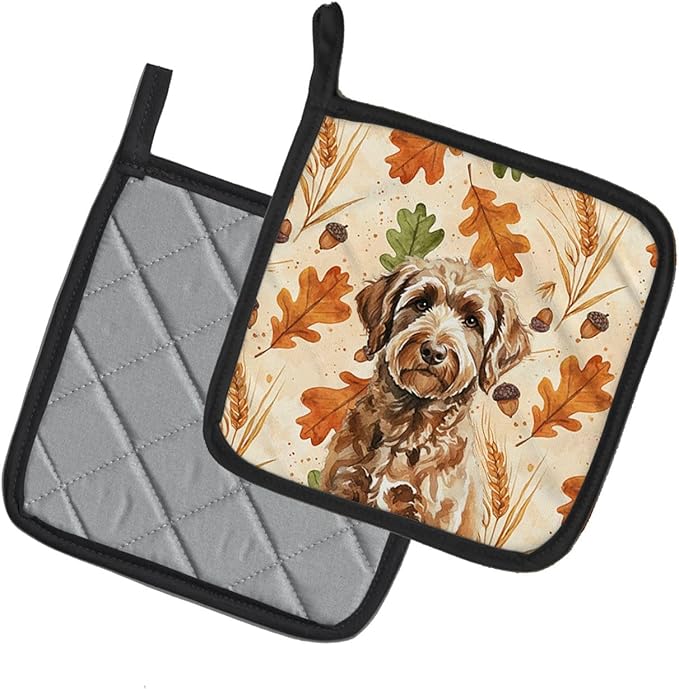 Caroline's Treasures Chocolate Labradoodle Heirloom Fall Pair of Pot Holders Pair 7.5x7.5 Quilted Insulated Hot Pads Decorative Kitchen Gift Made in USA