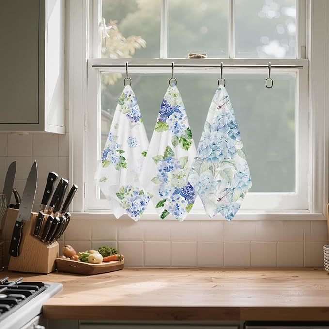 3 Pcs Blue Hydrangea Kitchen Towels, Spring Summer Flowers Decorative Absorbent Microfiber Dish Cloth Tea Towel, Waffle Hand Towels Hydrangea Decor for Farmhouse Home Bathroom, Housewarming Gifts
