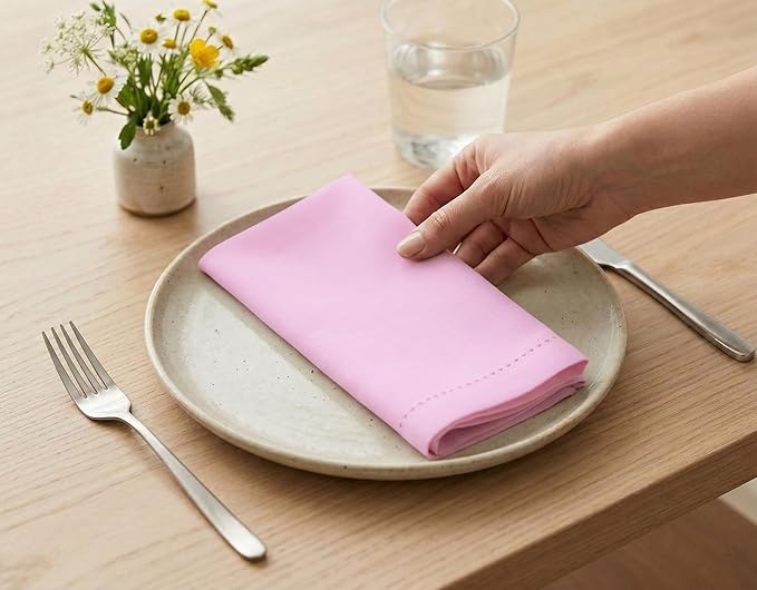 PurpleEssences Set of 6 Hemstitch Cloth Dinner Napkins 100% Cotton - Soft Durable Washable - Ideal for Wedding Spring Easter Summer - Perfect Everyday Use Table Linen 18x18 - Blush Pink