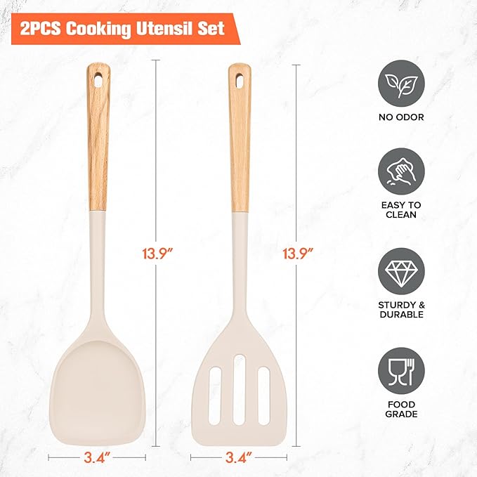 Silicone Cooking Spatula, Heat Resistant Solid Turner, Slotted Spatulas with Wooden Handle,Ideal Wood Kitchen Utensils Set for Frying, Baking, Flipping, Turning,Pack of 2 (Khaki)