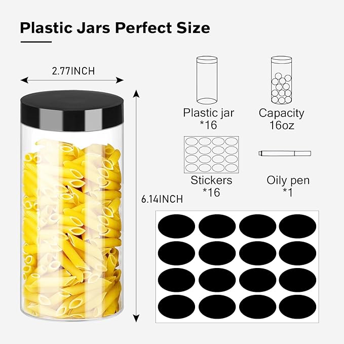 SLifeJars Plastic Jar with Lids 16oz Clear Empty Containers 16Pcs Straight Cylinders Storage Jars with Airtight Black Lid Stackable Refillable Round Plastic Jars for Kitchen Food & Home Storage
