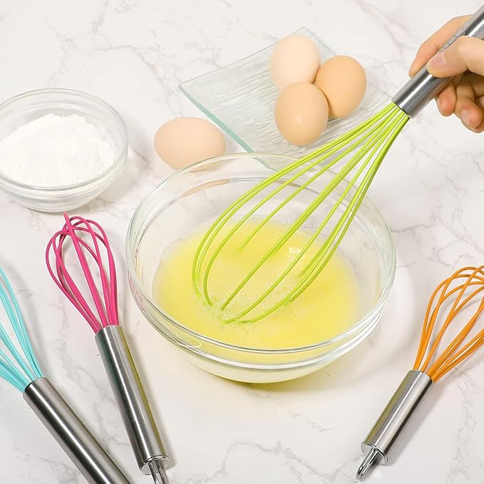 Webake Silicone Whisk Large Medium Small and Mini Whisk Set of 4, Heat Resistant Non-scratch Coated Kitchen Whisks for Cooking Nonstick Cookware, 4 Color Balloon Egg Wisk
