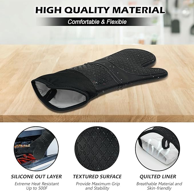 Extra Long Silicone Oven Mitts - Heat Resistant up to 500°F, 15'' Waterproof and Non-Slip Oven Gloves with Soft Quilted Liner - Perfect for BBQ, Cooking, Baking, and Grilling - 1 Pair, Black