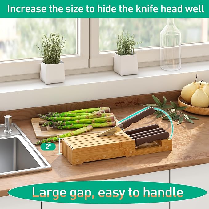 Knife Organizer Drawer Insert, In-Drawer Bamboo Wood Knife Block, Drawer Knife Storage Steak Knife Holder Without Knives, Holds up to 5 Knives