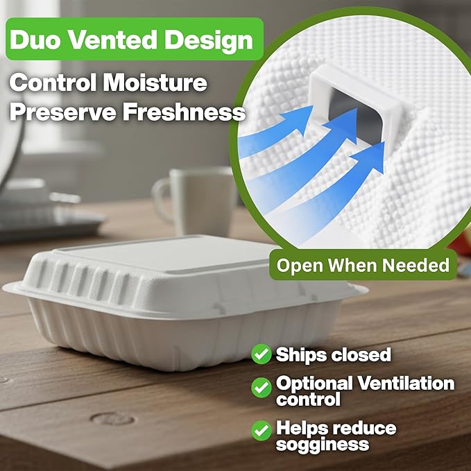 Front Lock MFPP Hinged Container, White, Vented Clamshell Disposable Takeout Boxes, 1 Compartment, 8" x 8", Durable Microwaveable To-Go Containers for Restaurant & Food Service,150pc