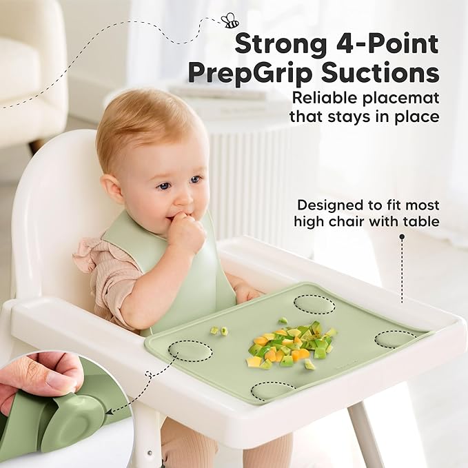 KeaBabies 2pk Silicone Placemats for Toddlers, Kids - 12x9 Non Slip Suction Baby Silicone Placemat for Restaurants, Dining Table,Travel, Easy to Clean, Food Grade/BPA-Free, Small Baby Table Mat (Sage)