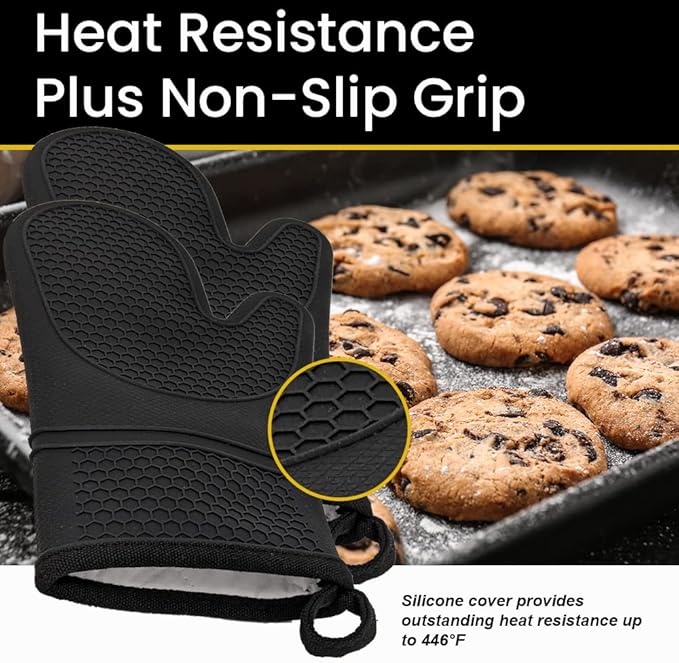 Generic Silicone Oven Mitts, Non-Slip, Flexible, Durable, Easy Clean, Cotton Lined, Black (Pair of 2)