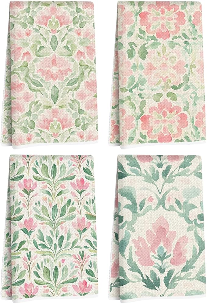 4 Pcs Watercolor Floral Kitchen Towels, Artistic Pink Green Decorative Absorbent Microfiber Dish Cloth Tea Towel, Durable Waffle Hand Towels for Farmhouse Home Bathroom, Housewarming Gifts