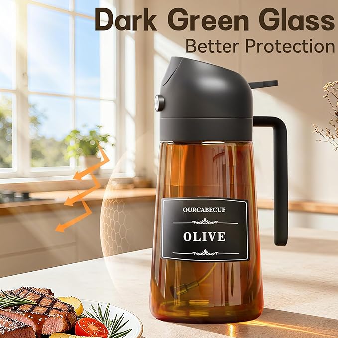 OURCABECUE 2 in 1 Olive Oil Sprayer for Cooking, 16oz/470ml Light-Blocking Dark Olive Oil Dispenser Bottle for Kitchen, Food-Grade Glass Oil Mister with 8 Oil Stickers