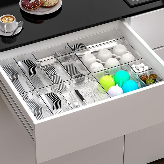 Yieach 60 Pc Clear Plastic Drawer Organizer Set,5 Sizes In Drawer Trays for Bathroom,Office,Kitchen Cabinet and Vanity Organizers,Desk Organizer Bins for Jewelry,Cosmetic,Utensil,Junk
