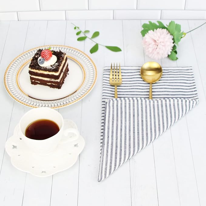 Plain Striped Cotton Linen Blended Dinner Cloth Napkins - Set of 12 (40 x 30 cm) - for Events & Home Use (Black)