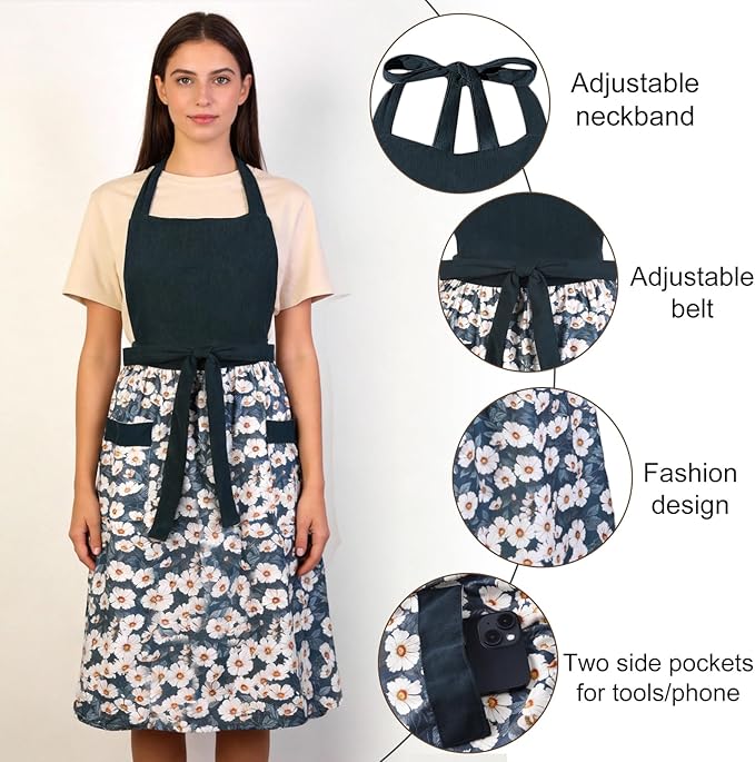 Cute Floral Aprons for Women with Pockets,Cotton Adjustable Neck Strap Apron for Kitchen Cooking Baking Gardening