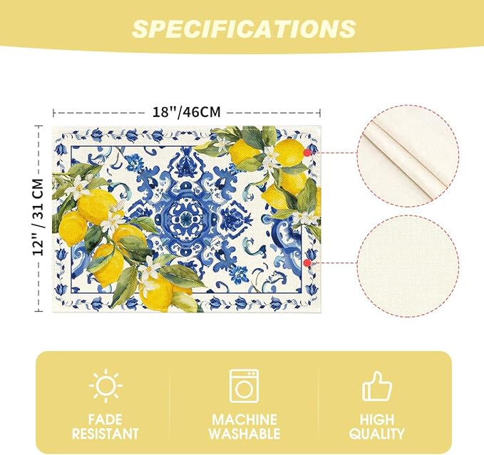 Artoid Mode Lemon Blue and White Porcelain Summer Placemats Set of 4, 12x18 Inch Vanilla Holiday Table Mats for Party Kitchen Dining Decoration
