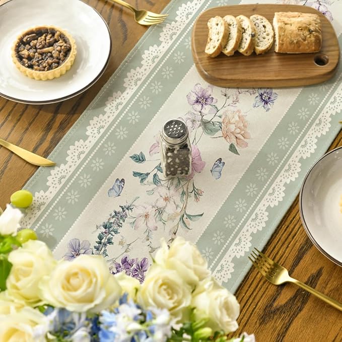Artoid Mode Green Printed Lace Floral 210 GSM Spring Table Runner, Seasonal Summer Kitchen Dining Table Decoration for Home Party Decor 13x72 Inch