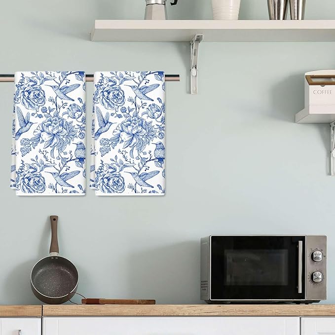 Chinoiserie Floral Kitchen Towels Blue White Flowers Bird Dish Towels 18 x 28 Inch Decorative Hand Drying Tea Towel for Farmhouse Cooking Baking Cleaning Wipes, Set of 2