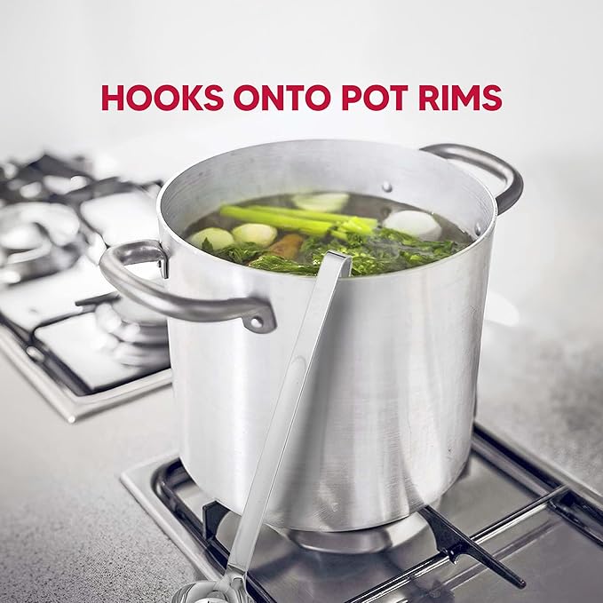 HIC Kitchen Oval Straining Ladle with Spout, 18/8 Stainless Steel, Stir, Scoop, Strain, Drain, and Serve, 3-Ounce Capacity
