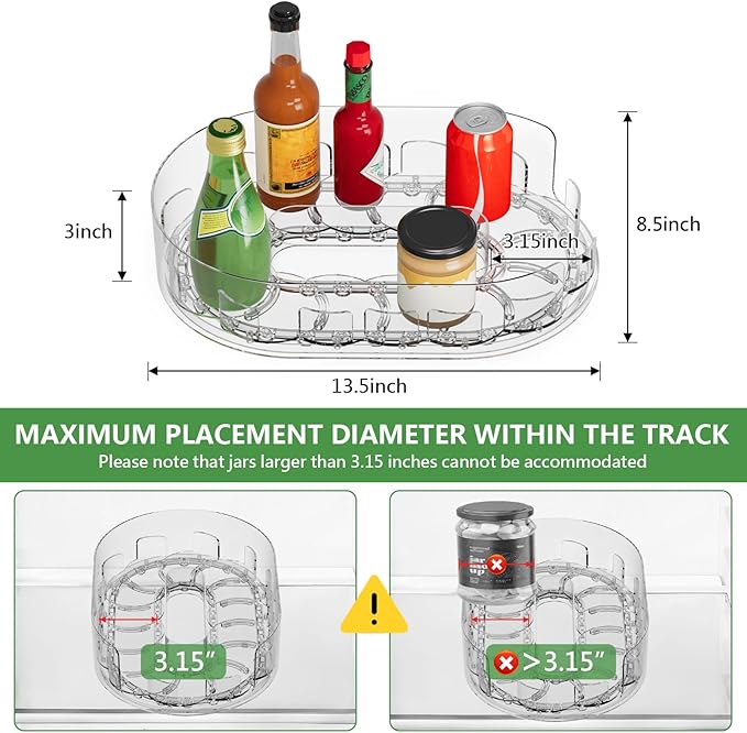 Lazy Susan Organizer for Refrigerator, 13.5'' x 8.5'' Clear Rectangular Turntable Fridge Organizer for Condiments in Refrigerator, Cabinet, Pantry, or Kitchen Countertop (2 Pack)