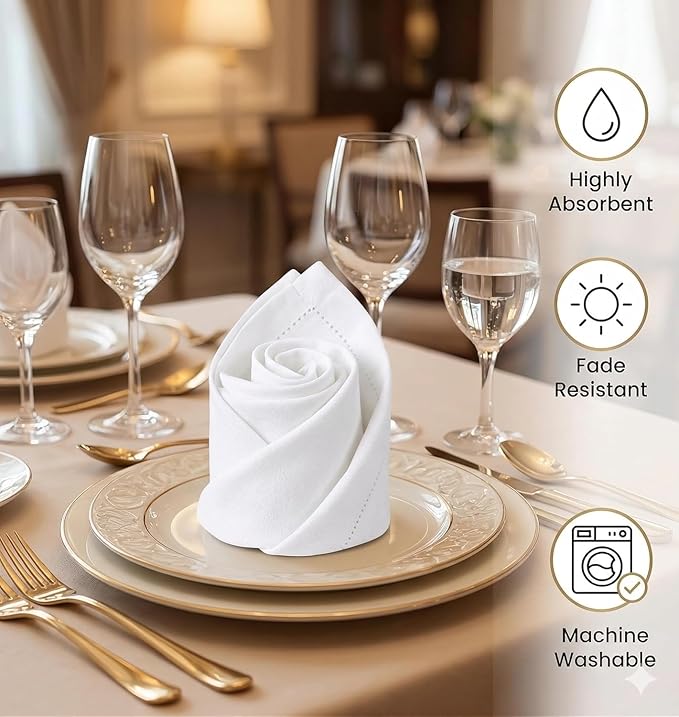 Urban Villa Cloth Napkins Hemstitch Solid White 100% Cotton Absorbent Dinner Napkins (Set of 6) 20x20 Inches Soft Durable Washable Reusable Ideal for Everyday Use Wedding Parties Cloth Dinner Napkins