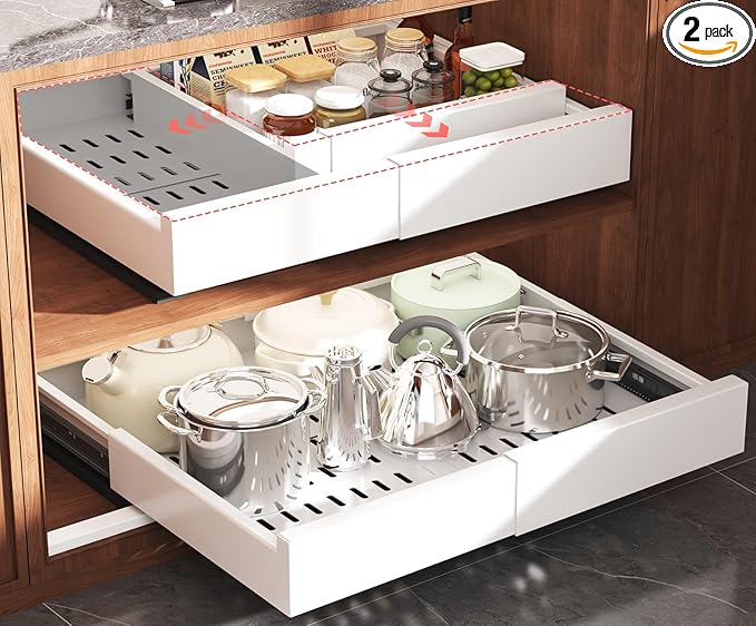 Seinloes 2 Pack Pull Out Cabinet Organizer Expandable Width(13"-21") and Depth(13"-17"),Slide Out Drawers With Raising Pad for Framed Cabinets,No Drill Roll Out Shelves for kitchen,Bathroom,White