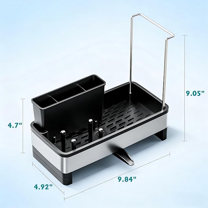304 Stainless Steel Sink Caddy with Auto-Drain, Rustproof Kitchen Sink Organizer, Sponge Holder with Removable Brush & Towel Rack, Countertop Storage for Soap Dispenser, Kitchen Accessories, Black