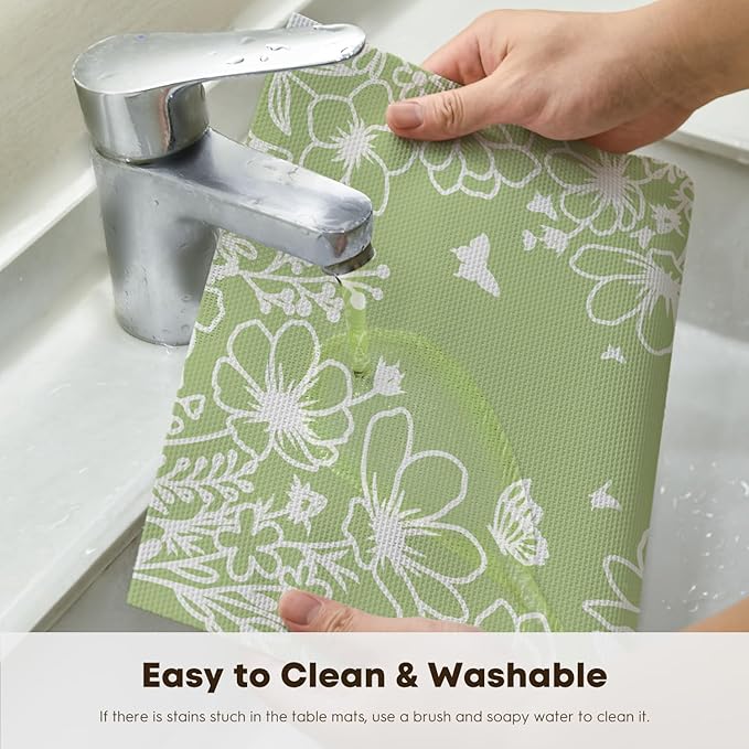 Artoid Mode Green Weed Wild Flower Placemats Set of 4, 12x18 Inch Plastic Woven Washable Non-Slip PVC Place Mats for Party Kitchen Dining Decor
