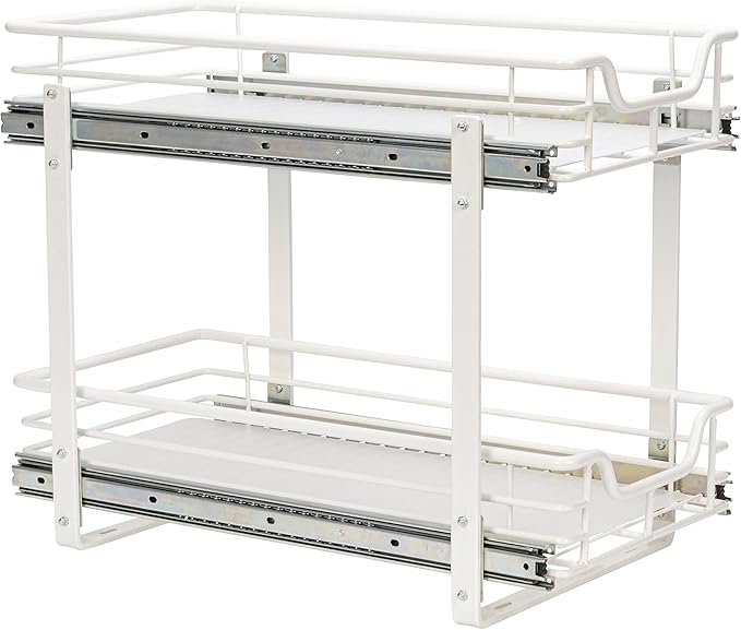 Household Essentials Glidez Multipurpose Powder-Coated Steel Pull-Out/Slide-Out Storage Organizer with Plastic Liners 2-Tier Dual-Slide Design, White
