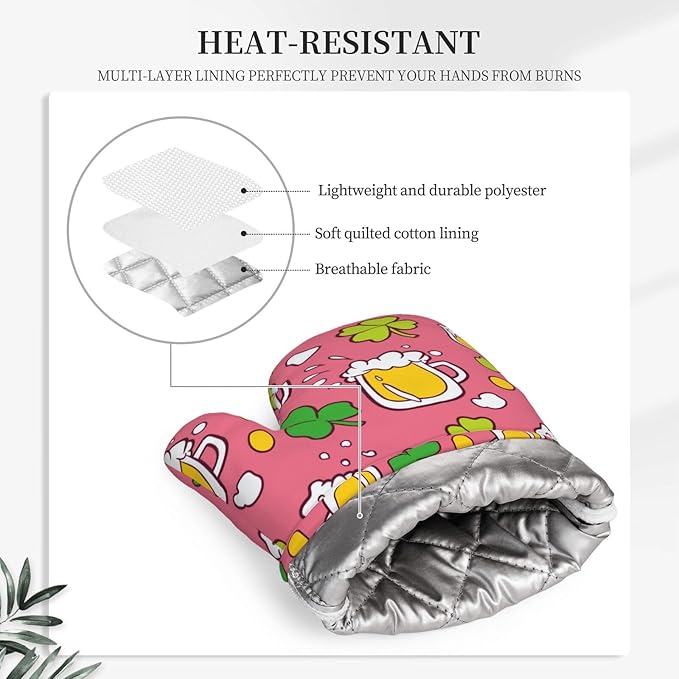 Saint Patrick Celebration Beer Oven Mitts and Pot Holders Sets of 4, Heat Resistant Silicone Oven Mittens and Potholders Gloves Hot Pads for Kitchen Cooking Baking Grilling BBQ Chef