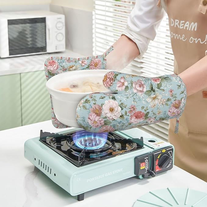 Oven Mitts and Pot Holders Flower Vintage Peony Floral Silicone Kitchen Accessories Set of 2 Heat Resistant Long Gloves Potholder Non-Slip Grip for Chef Cooking,Baking,Grilling,BBQ
