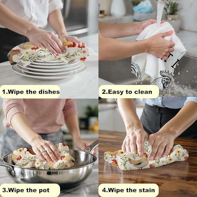 2 Pcs Funny Chicken Kitchen Towels, Absorbent Soft Microfiber Towel for Bathroom Kitchen, Dish Towels Tea Towel, Dish Cloths for Washing Dishes, Chicken Farmhouse Gifts for Women Friend