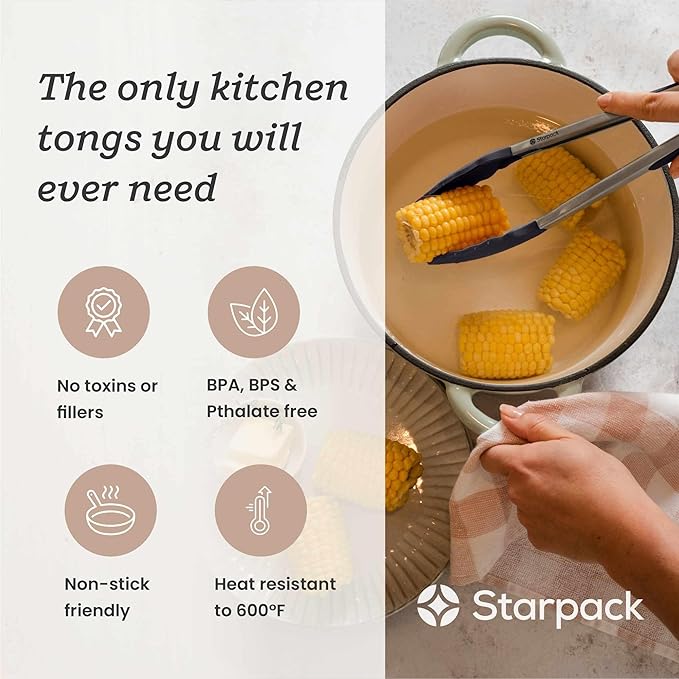 StarPack Premium Silicone Kitchen Tongs 12-Inch - Stainless Steel with Non-Stick Silicone Tips, High Heat Resistant to 600°F, For Cooking, Serving, Grill, BBQ & Salad (Stormy Grey)