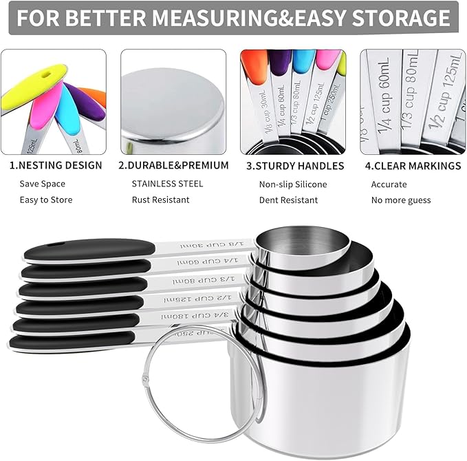 TILUCK magnetic measuring spoons set and measuring cups, stainless steel measuring cups, 6 double-sided stainless steel measuring spoons & 1 leveler (13)