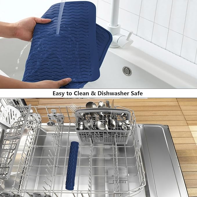 ZLR Silicone Dish Drying Mat & Heat Resistant Trivet (12" x 16") - Waterproof Counter Protector for Air Fryer, Coffee Maker - Non-Slip, BPA Free Kitchen Pad, Easy Clean Dishwasher Safe (Midnight Blue)