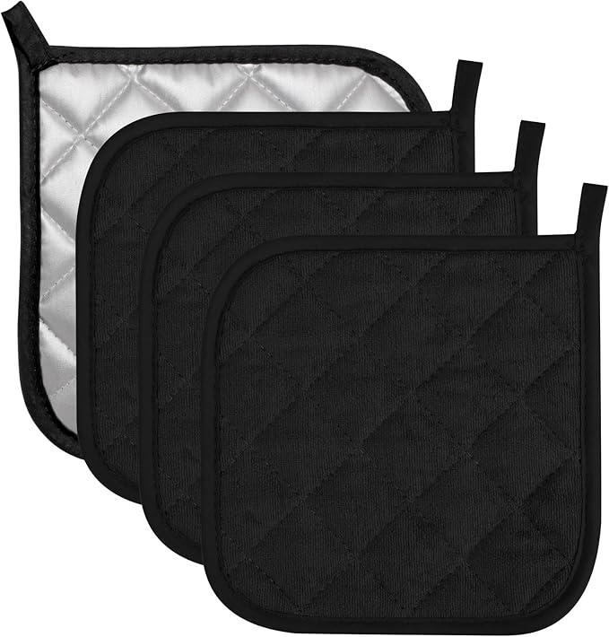 GeeRic 4 Pack Potholders for Kitchen, Heat-Resistant Quilted Cotton Hot Pads, Durable and Machine Washable with Hanging Loop Mat for Cooking, Baking, and Grilling Black