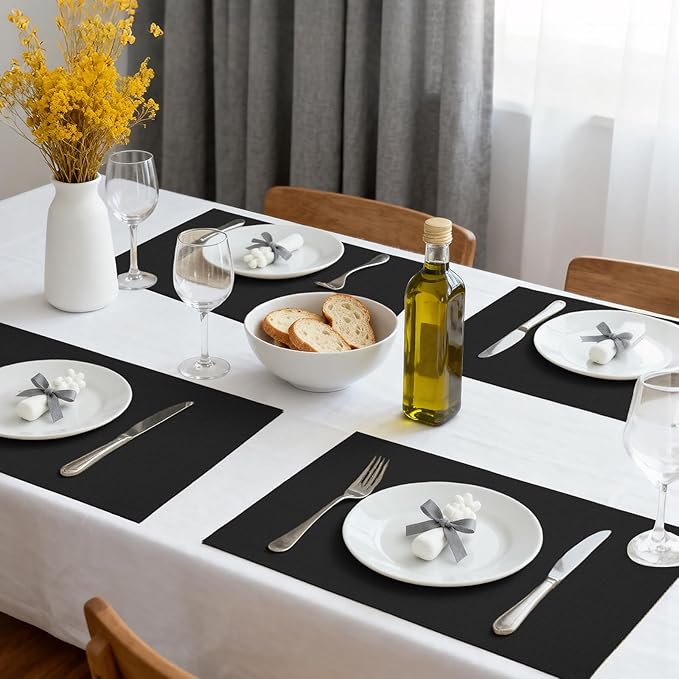 Placemats Set of 6 Linen Type Fabric Cloth Placemats, 18x12 Inch Double Layered Thick Wrinkle Free Heat Resistant Table Place, for Dining, Kitchen, Party (45 * 30cm, Black)