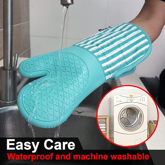 Alselo Silicone Oven Mitts Heat Resistant 932℉ with Waterproof & Non-Slip Kitchen Mittens, Set of 2 Extra Long Oven Gloves with Soft Cotton Terry Lining for Baking Cooking Barbecue