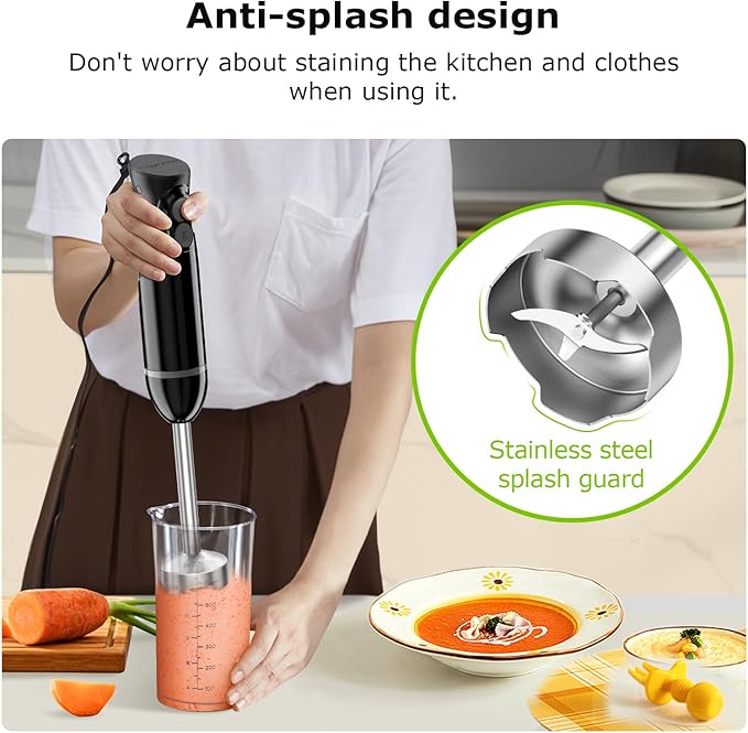 Bonsenkitchen Hand Blender, Immersion Blender with 2 Mixing Speed, Electric Handheld Mixer Portable Stick Mixer with Stainless Steel Blades for Soup, Smoothie, Puree, Baby Food