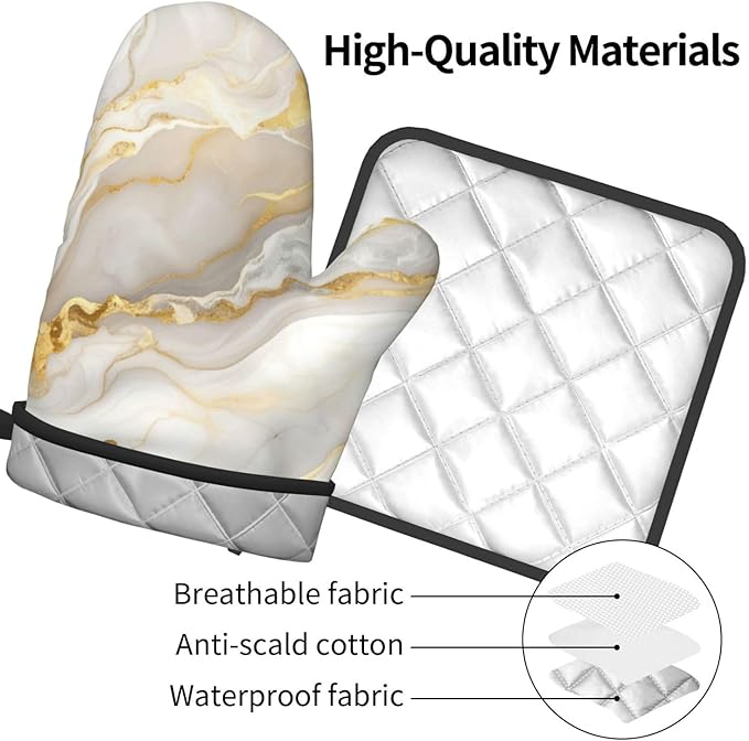White Gold Marble Oven Mitts and Pot Holders Gold Veins Heat Resistant Oven Mitts Safe for Baking Cooking BBQ