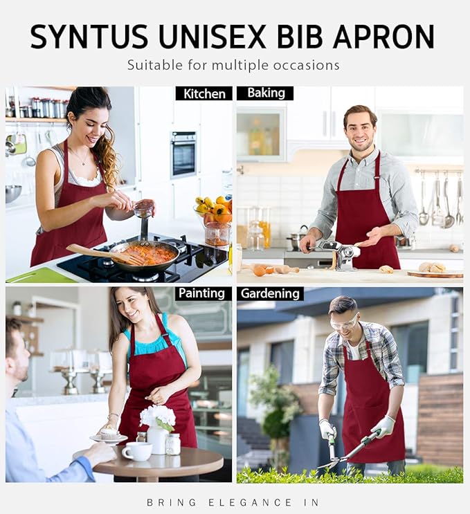 Syntus Apron for Men Women, Adjustable Cooking Kitchen Chef Aprons with 2 Pockets, Cotton/Polycotton/Polyester