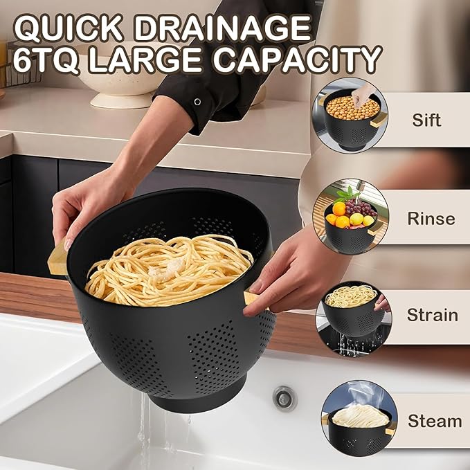 Metal Colander with Wood Handle and Stable Base, Powder Coated Steel Kitchen Strainer Basket for Draining Pasta, Vegetable and fruit(5.5quart,Matte Black)