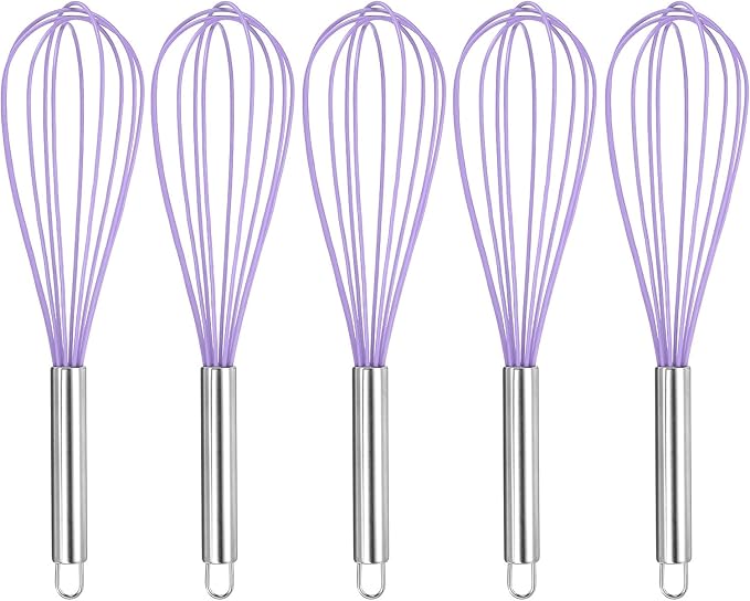 HARFINGTON 5Pcs Silicone Whisk 12" Kitchen Whisk Wire Whisks Beater with Stainless Steel Handle for Egg Milk Whisking Blending Beating & Stirring, Purple