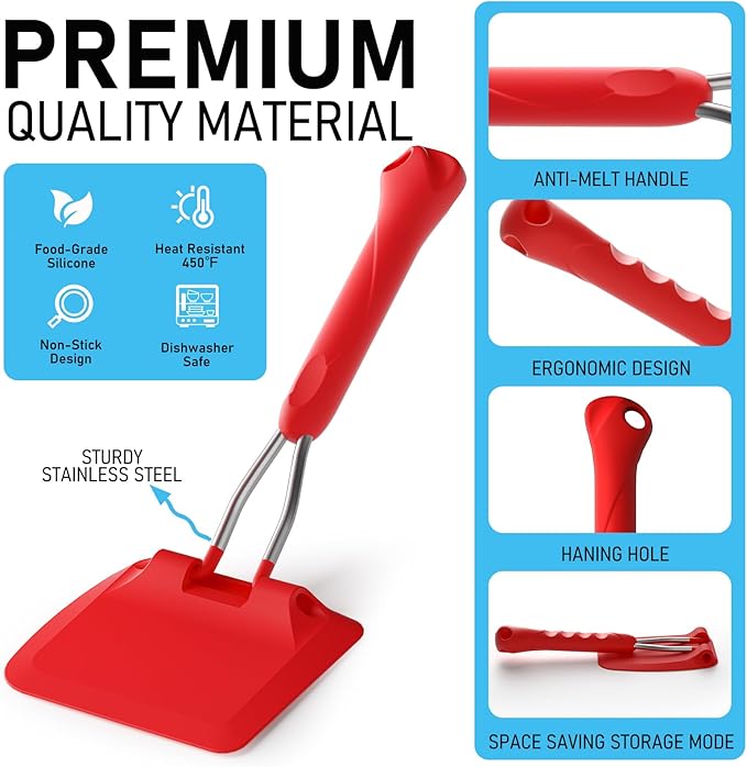 MFTEK Silicone Spatula Set, Eggs Flipper, Adjustable Angle Spatula Turner for Pancake, Fish, Burger, Swappable 2 Size Spatula Heads, Flexible, Heat-Resistant (Red)