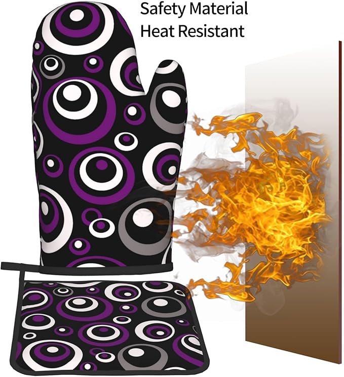 Purple Black White Retro Circular Oven Mitts & Pot Holders Sets of 3, Heat Resistant Modern Abstract Art Oven Gloves and Hot Pad for Home Cooking Baking Grilling, Baking Gifts for Women, Kitchen Decor