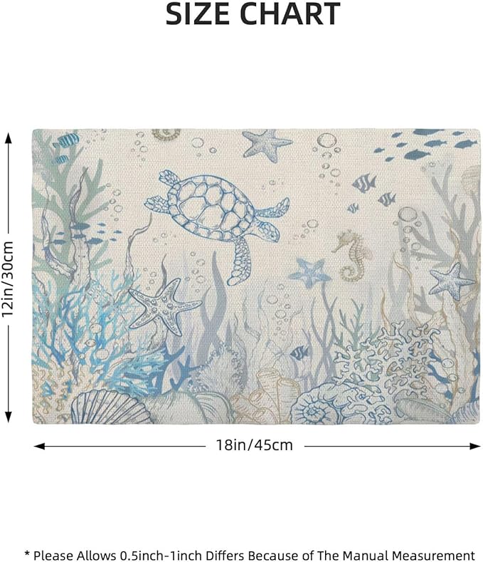 Nautical Coastal Placemats 12x18 Inch Set of 4, Turtle Coral Starfish Seashell Ocean Themed Table Place Mat Beach Coastal Washable Table Mats Decorative Linen Fabric Table Mat for Dining Table
