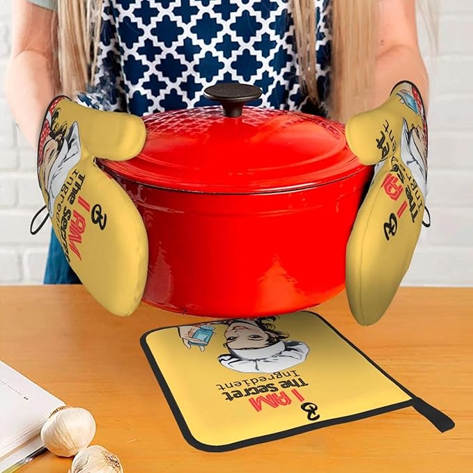 Cute Yellow Retro Chef Humorous Oven Mitts & Pot Holders Set of 3, Heat Resistant Funny Kitchen Gloves and Hot Pads for Cooking Baking Grilling, Gifts for Women Cooking Lovers, Home Decor, Yellow Red