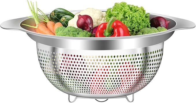 QCQHDU Stainless Steel Colander for Kitchen Pasta Rice Strainer for Spaghetti Fruit Vegetables Cooking Food, 3 Quarts Metal Mesh Stainless Steel Strainers and Colanders, Dishwasher Safe, 1 Pack